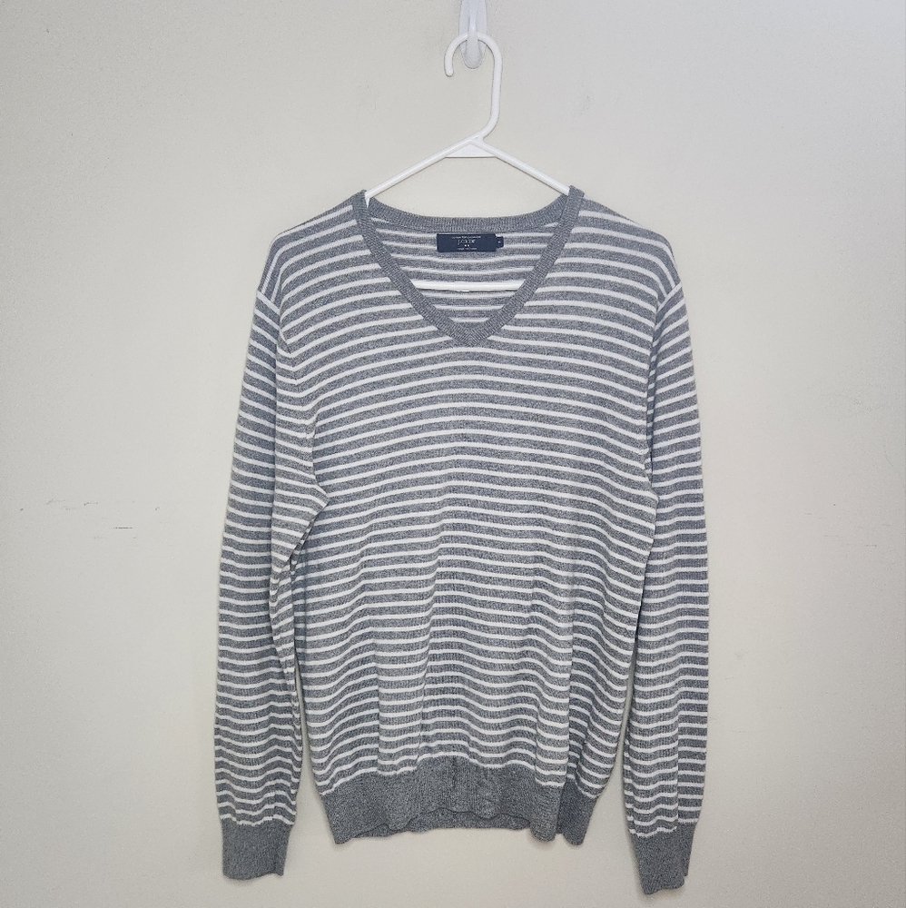 Men's J Crew Gray Striped V-Neck Cotton /Cashmere  Sweater Sz Medium